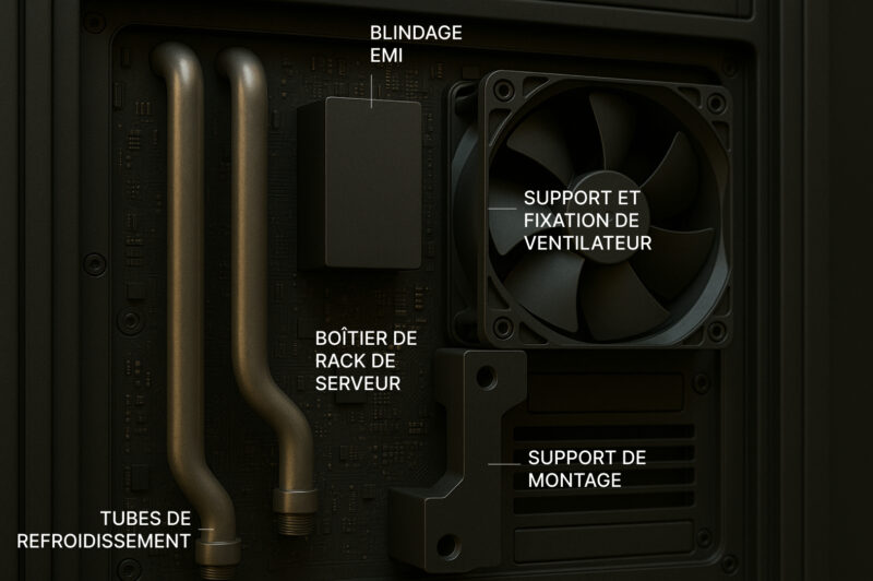 Infographie présentant les pièces CNC telles que les tubes de refroidissement liquide, le blindage EMI, le support de montage et l'assemblage du ventilateur.